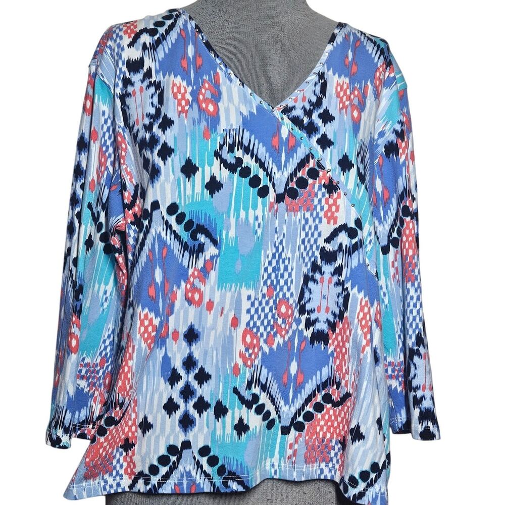 Cotton Blend V Neck Embellished Neckline Top Size XL